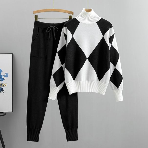 Women's Clothing Casual knitted plaid sweater two-piece set_desvips.com