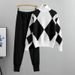 Women's Clothing Casual knitted plaid sweater two-piece set_desvips.com