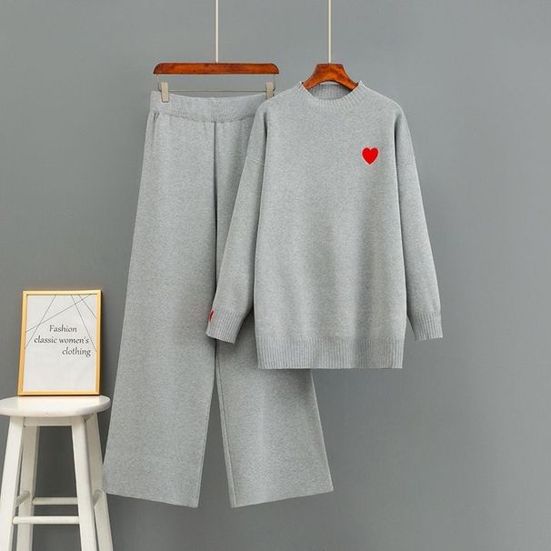 Fashion Suit For Women With High-End Feel, Versatile Heart Embroidery, Round Neck Long Sleeve Pullover Sweater,_desvips.com