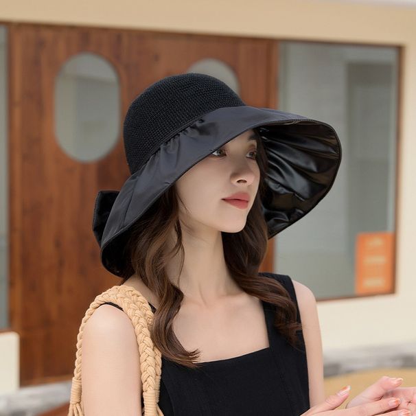 Women Summer Wide Brim Foldable Packable Bucket Hat Black Coated UV Shield Outdoor Beach Travel Breathable Hollow Out_desvips.com