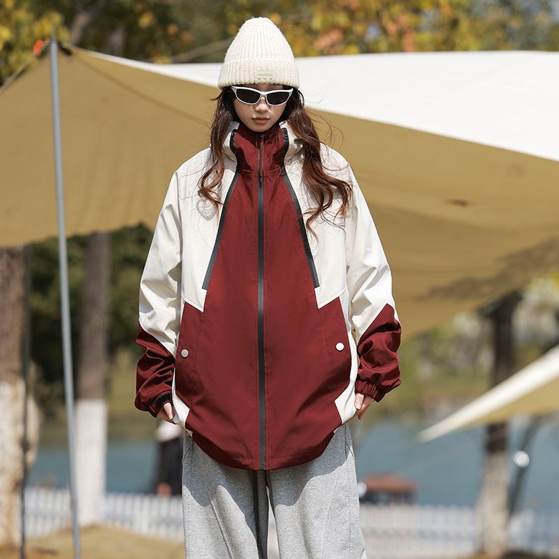 Rainstorm Level Water-Resistant Spring And Autumn Color-Block Windproof Coat Loose Hooded Hiking College Style Jacket_desvips.com