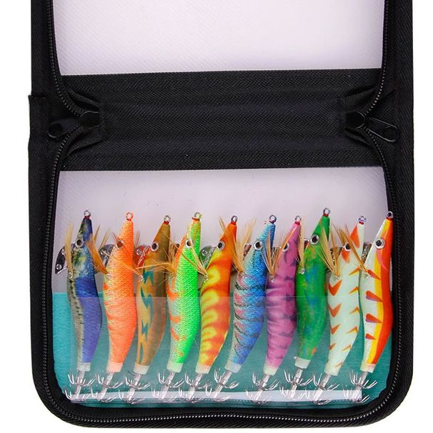 WEIHE10pcs/bag Luminous Wood Shrimp Combo Hard Fishing Lure Set 3 Sizes Squid Hook Fishing Lure Kit_desvips.com