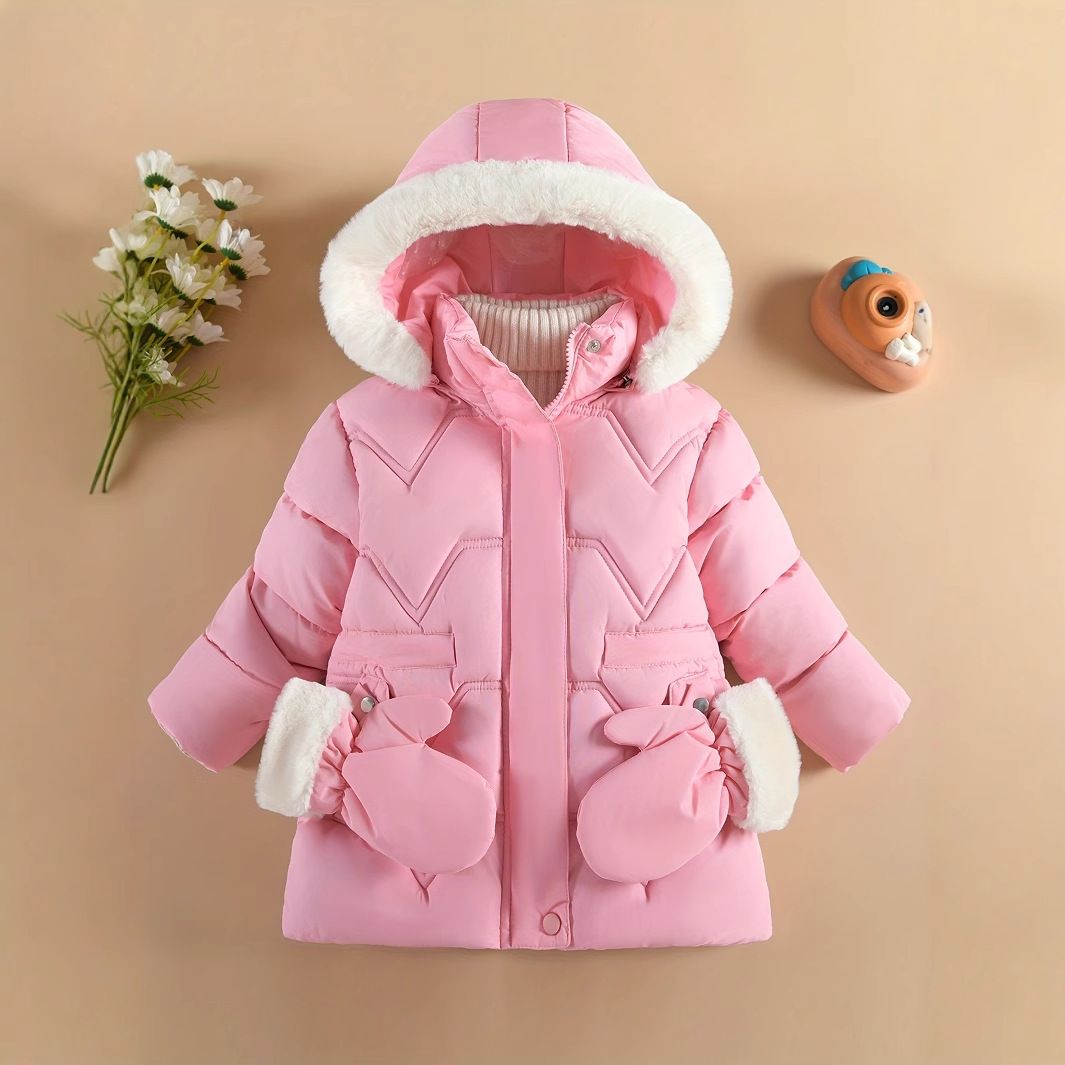 Girls' Snow Jacket, Solid Color Warm For Toddlers Young Children, Stylish Mid-length Top, Cotton Coat, Autumn And Winter_desvips.com