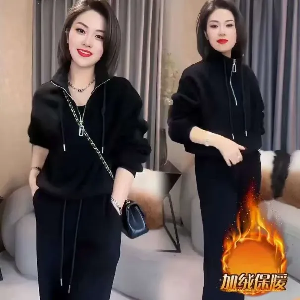 Fleece-Lined Sweatshirt Casual Sports Outfit Women, New Loose Stand Collar Half-Sleeve Zipper Two-Piece Set For Autumn_desvips.com