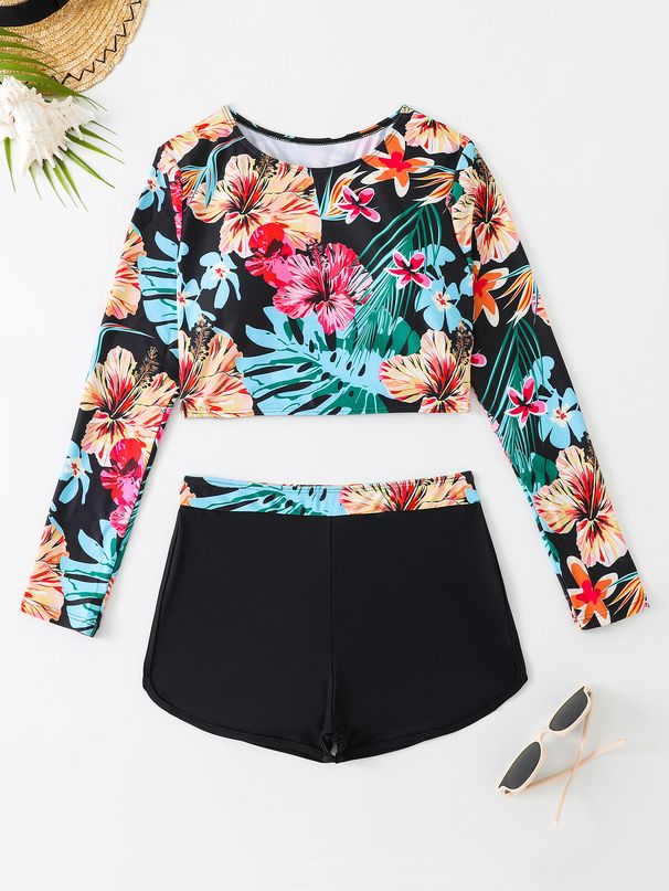 Long Sleeved Sunscreen Bikini Set - High Waist & UV Protection (Full Coverage Swimwear Boxer Shorts Two-Piece)_desvips.com