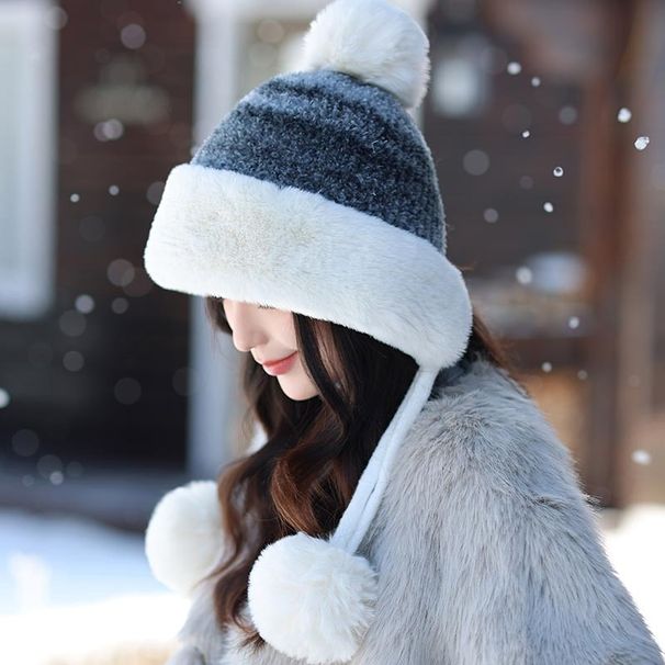 Yarn Colorful Knitted For Women Winter Three Pom-Poms Fleece Lined Thickened Warm Northeast Cold-Proof Fringe Ear_desvips.com