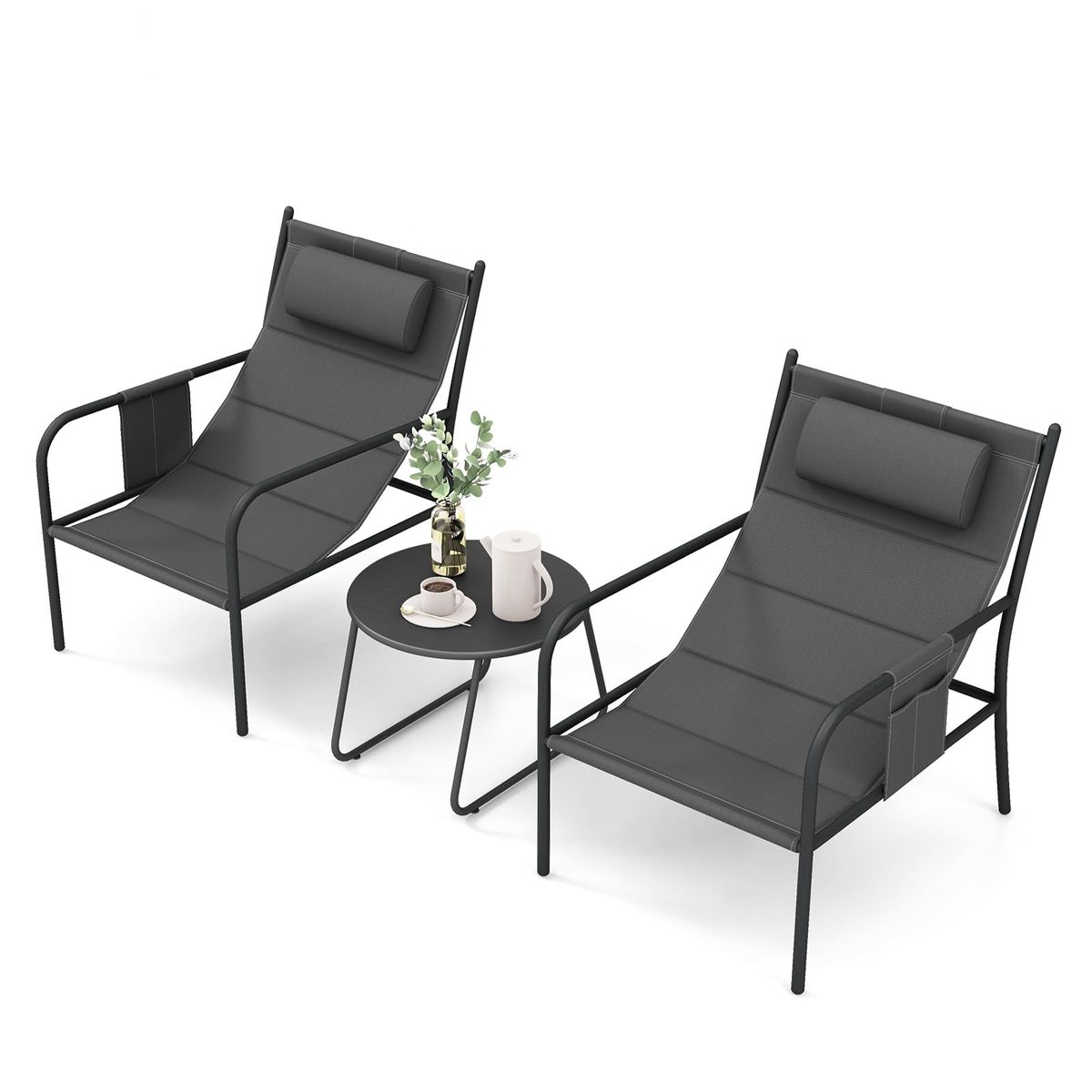 Tangkula 3 Piece Outdoor Bistro Set With Metal Chairs And Coffee Table, Featuring Breathable Seat Fabric And Cozy Headrest, Metal Conversation Set For_desvips.com