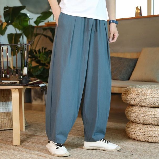 Baggy Cotton Linen Pants Men Casual Wide Leg Oversize Jogger Trousers Vintage Drawstring Sport Sweatpants Male 2025_desvips.com