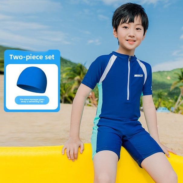 Boys And Girls One-piece Children's Short-sleeved Diving Hot Spring Swimming Set Cute Color Matching Professional_desvips.com