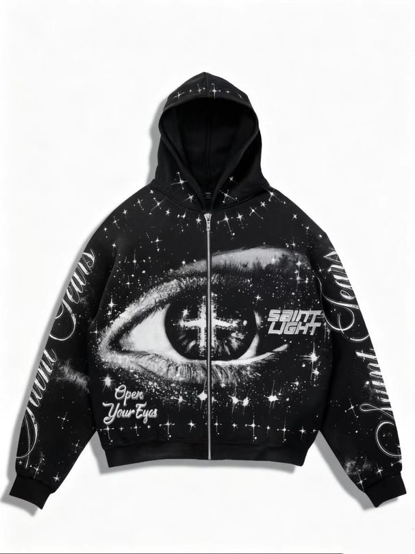 Nokometa Hot Sale 3D Printed Starry Sky Eye Hooded Sweater, Street Style Oversize Zip Sweater_desvips.com