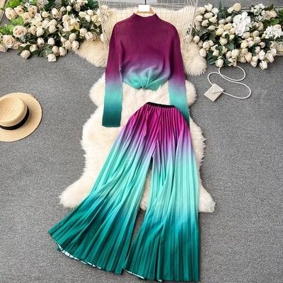 Women's Clothing Royal sister light luxury high end long sleeved pleated printed tops women's casual two piece set loose drape pleated wide leg pants_desvips.com
