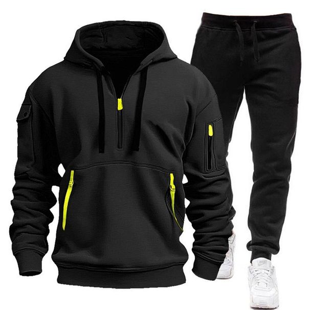 Fashion Tracksuits Youth/Men Long Sleeve Half Zipper Hooded Sweatshirts + Lace-Up Sweatpants Two-Piece Casual Sport Suits_desvips.com