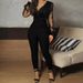 Women's Clothing new solid color V neck mesh slim long sleeved jumpsuit trousers large stock_desvips.com