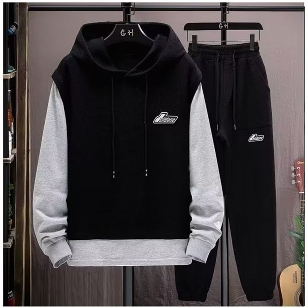 2026 Fashion Tracksuits Youth/Men Long Sleeve Splicing Hooded Sweatshirts + Lace-Up Sweatpants Two-Piece Casual Sport Suits_desvips.com