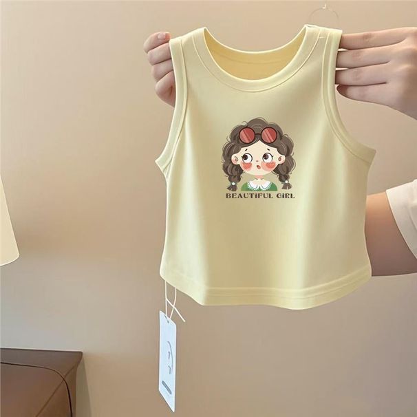 Girls' Summer Vest New Style Cartoon Print Round Neck Solid Color Top Baby Casual Stylish Thin Sleeveless Base Shirt_desvips.com