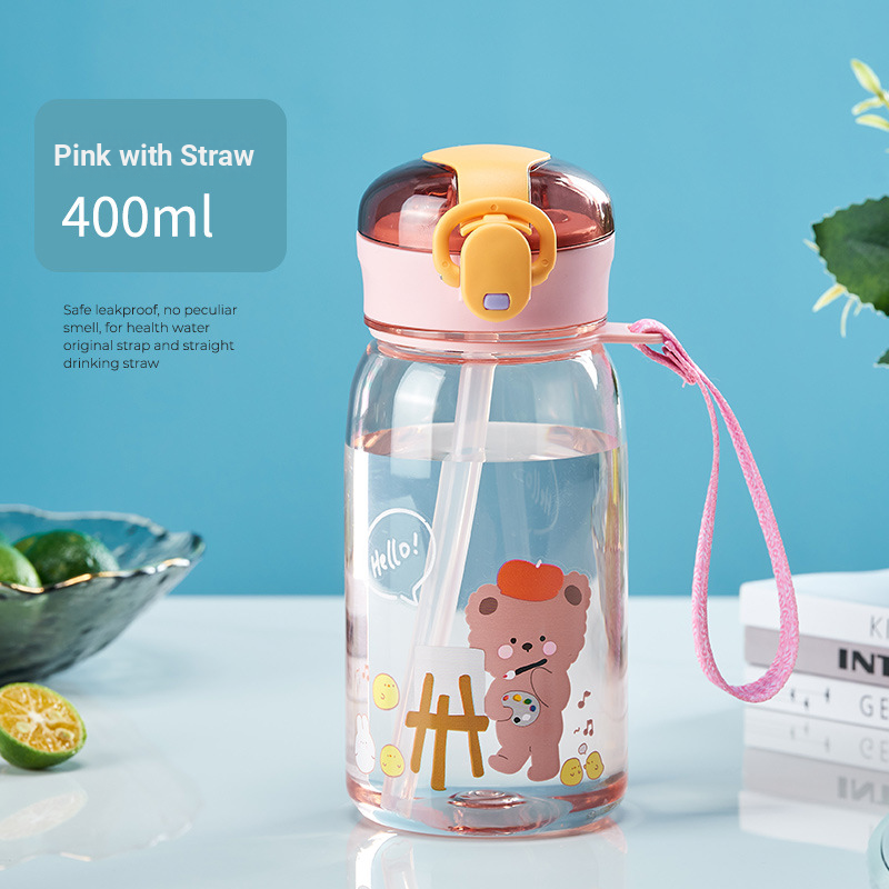 Cartoon Cute Bear Kids Plastic Portable Rope Bounce Lid Straw Cup_desvips.com