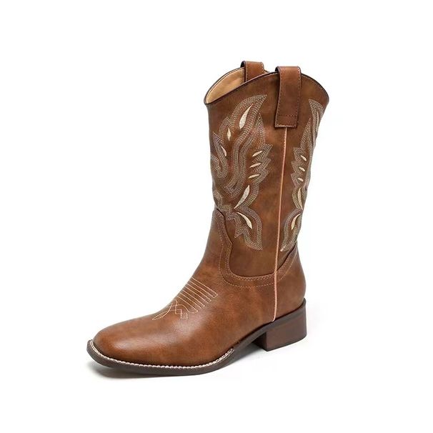 He 2026 Sui Same Style Versatile Western Cowboy Thick Heel V-Cut Embroidered Slip-On Mid-Calf Square Toe Riding Boots_desvips.com