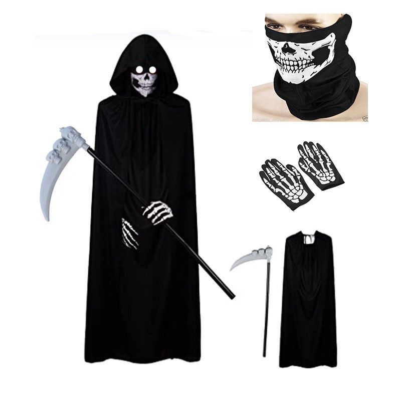 Halloween Party Death Black Cape Skull Tenderness Gloves Halloween Costume Props Set_desvips.com
