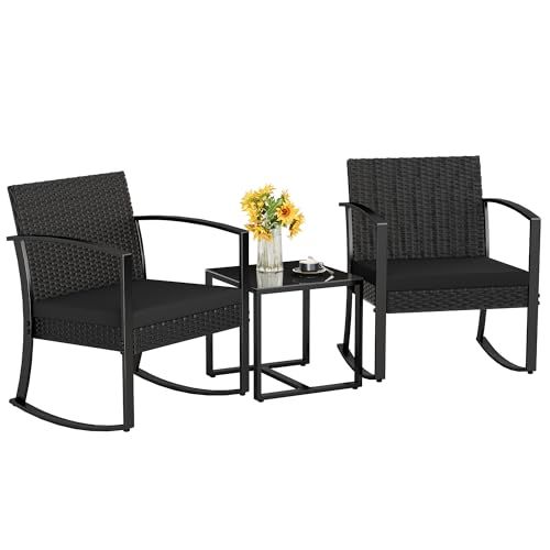 Homall 3-Piece Resin Outdoor Bistro Set With Rocking Chairs, Cushions, And Table For Porch, Poolside, Balcony, And Yard In Black_desvips.com