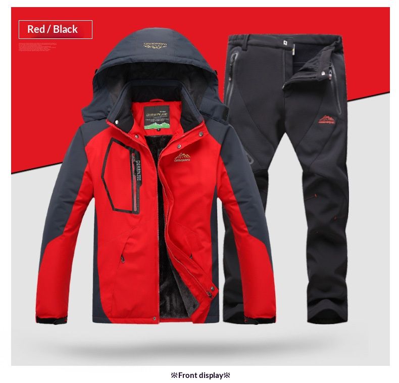 Outdoor Sports Men's Fleece Lined Thick Warm Loose Two Piece Ski Set For Autumn And Winter_desvips.com