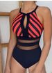 New Striped Print Sexy Backless Mesh Patchwork One-piece For Women_desvips.com