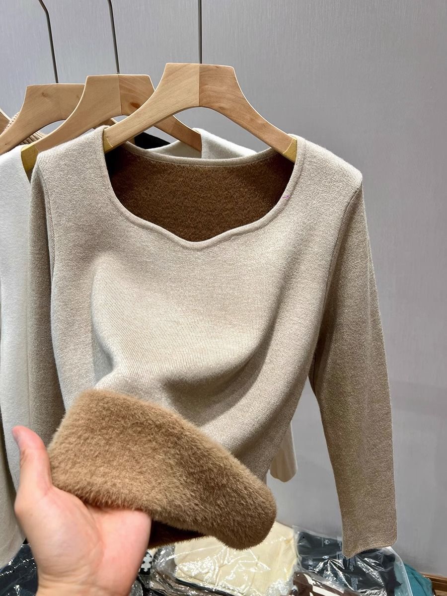 Women's Fleece-Lined Knit Sweater Thermal V-Neck Base Layer Winter Warm Turtleneck Pullover Soft Comfy Casual Slim Fit Long Sleeve Top_desvips.com