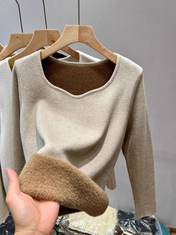 Women's Fleece-Lined Knit Sweater Thermal V-Neck Base Layer Winter Warm Turtleneck Pullover Soft Comfy Casual Slim Fit Long Sleeve Top_desvips.com
