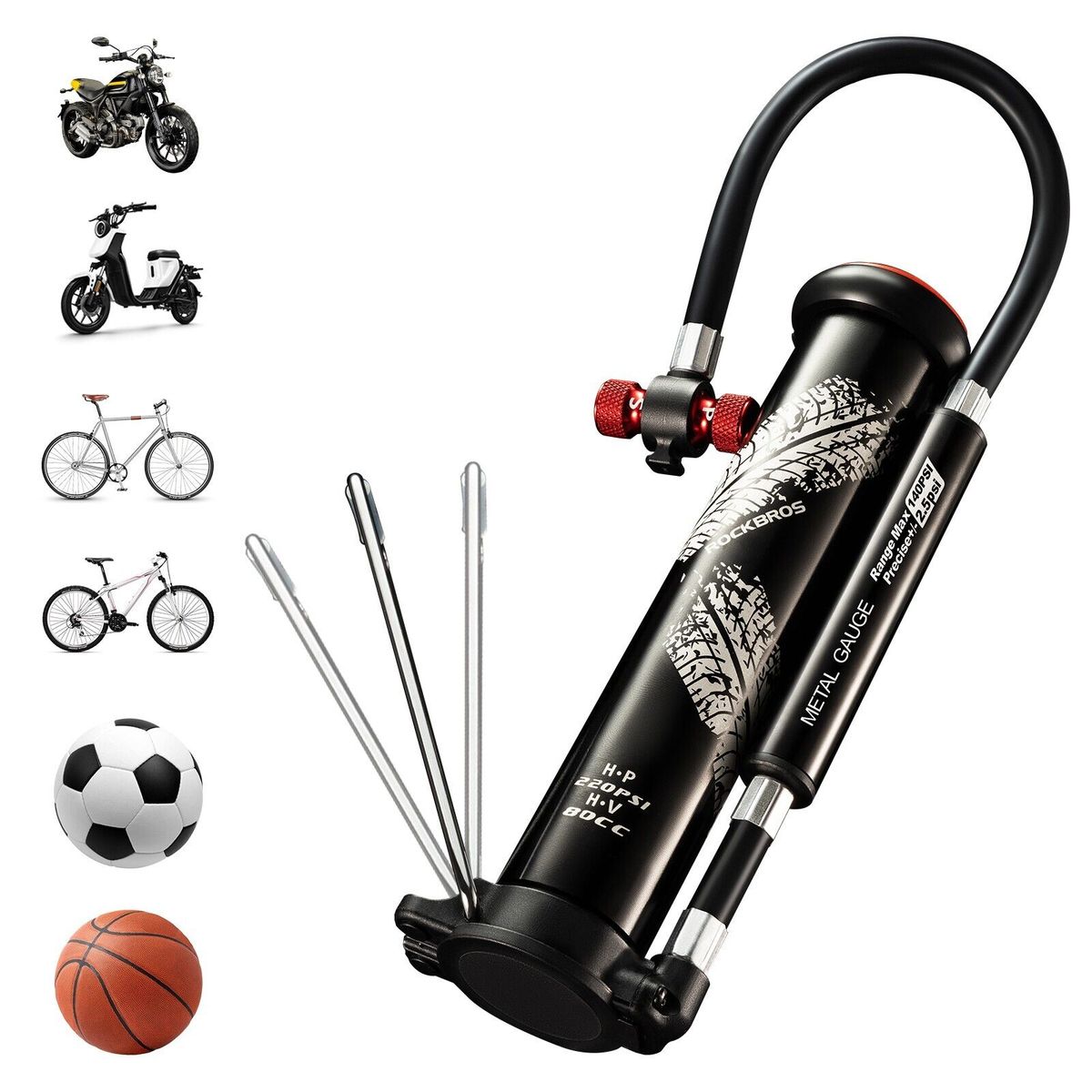ROCKBROS Pump Bicycle Pump Hand Pump 220PSI Presta&Schrader Motorbike Ball MTB_desvips.com