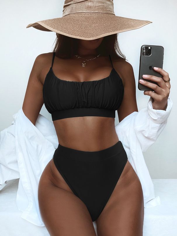Women's split swimsuit sexy swimsuit solid color high waist bikini_desvips.com