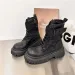 Buckled Platform Combat And Chubby High Heels Lace Ankle Womens Side Zippers PU Leather Short Boots 241007_desvips.com