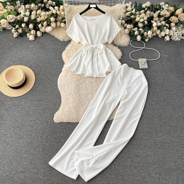 Women's Clothing retro fashion round neck short sleeved tie waist top two piece suit women's casual loose high waist wide leg trousers_desvips.com