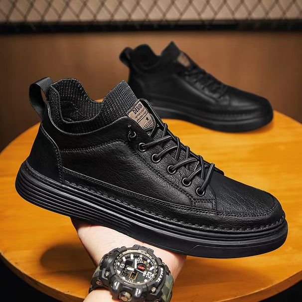 Men's shoes new spring black leather shoes non-slip wear-resistant lightweight board shoes trend with high sports and leisure_desvips.com