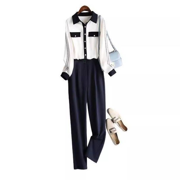 Women's Clothing temperament professional fashion suit women autumn contrast shirt casual long pants two piece suit_desvips.com