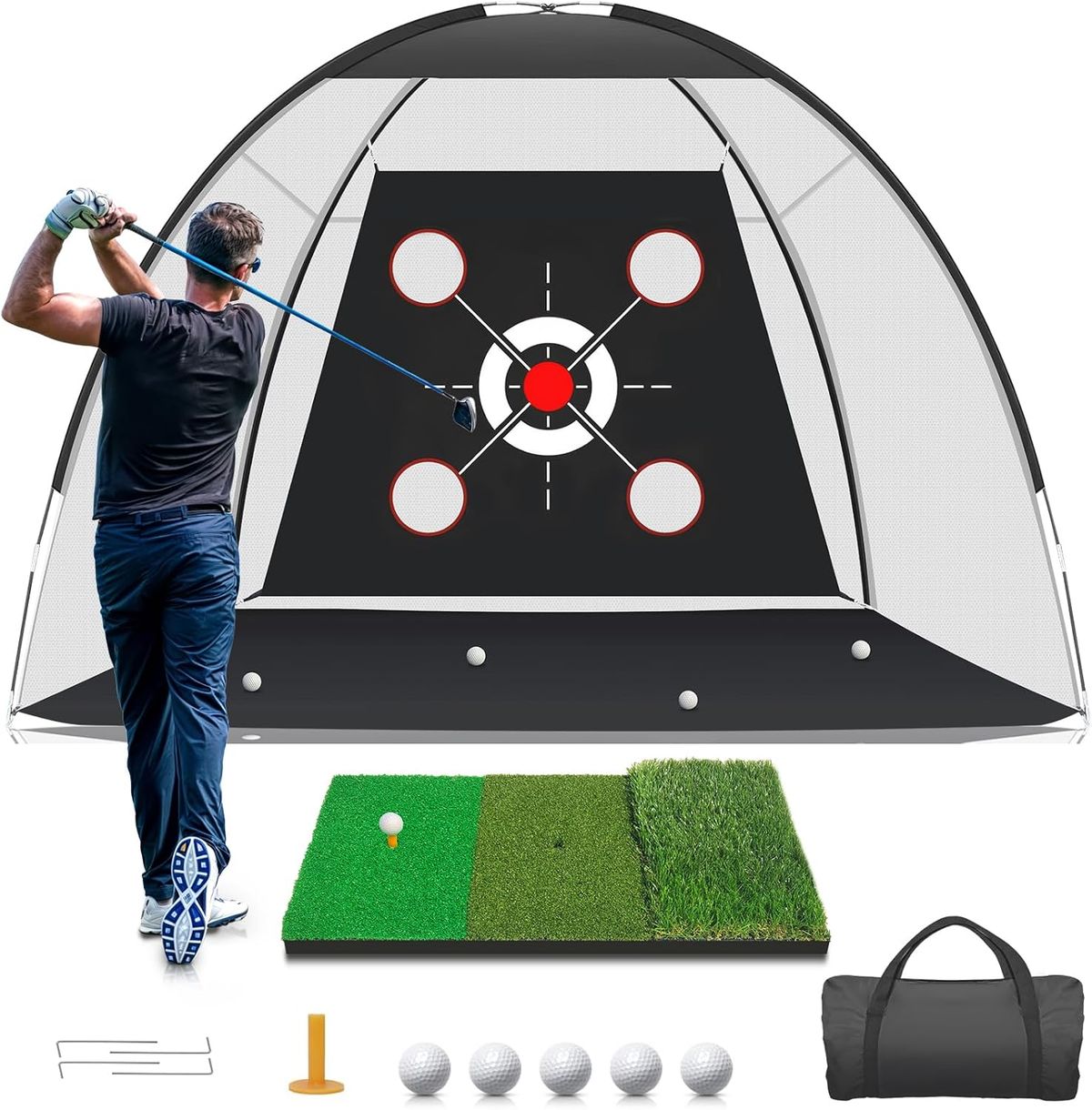 KLAODOT Net Practice Mat, Golf Hitting Aid Nets 10x7FT Backyard Driving Chipping Training Swing With Target Mat Balls_desvips.com