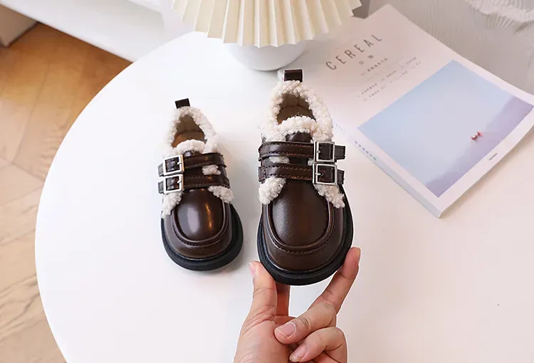 Children Leather Loafers for Boys Girls Winter Thick Soled Lamb Wool Warm Kidsnest Girl Uniform Princess School Cotton_desvips.com