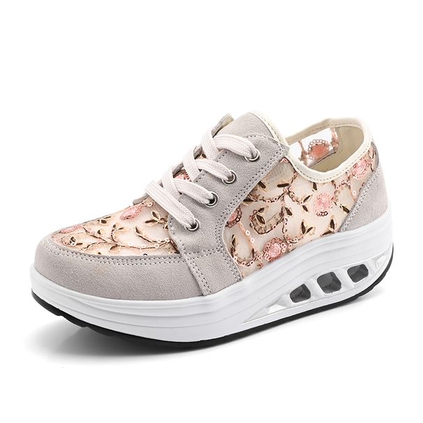 Lightweight Women Toning Shoes Lace Up Green Beige Ladies Slimming Flat Platform Swing Wedge Trainer Fitness Walking_desvips.com