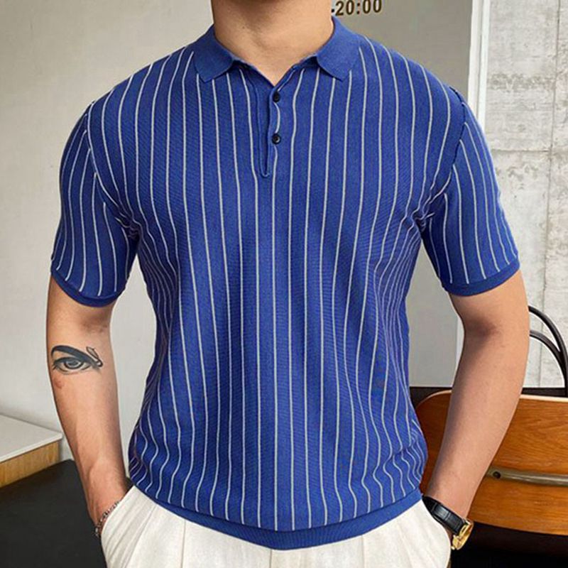 Men's Summer New Striped Knit Sweater Slim Fit Short Sleeved Lapel Business Polo Shirt SY0155_desvips.com