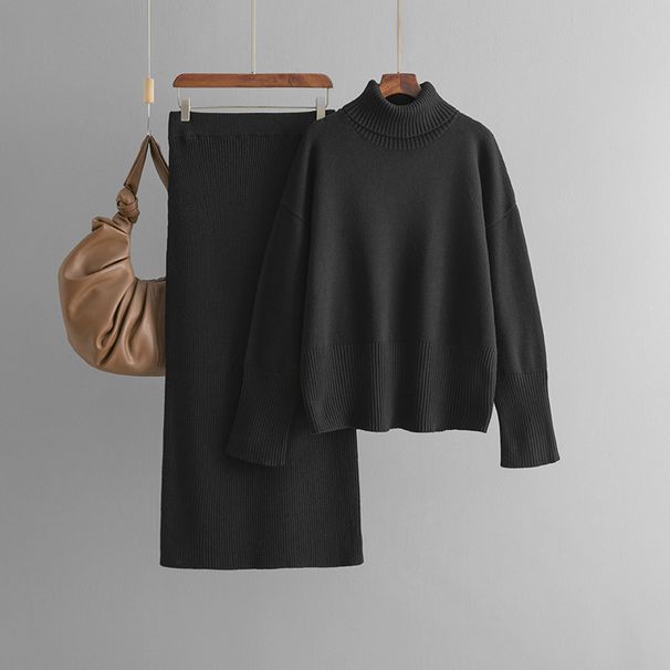 Solid Color Turtleneck Sweater Bodycon Skirt Two-Piece Set Autumn Winter New European And American Cross-Border Knitted_desvips.com