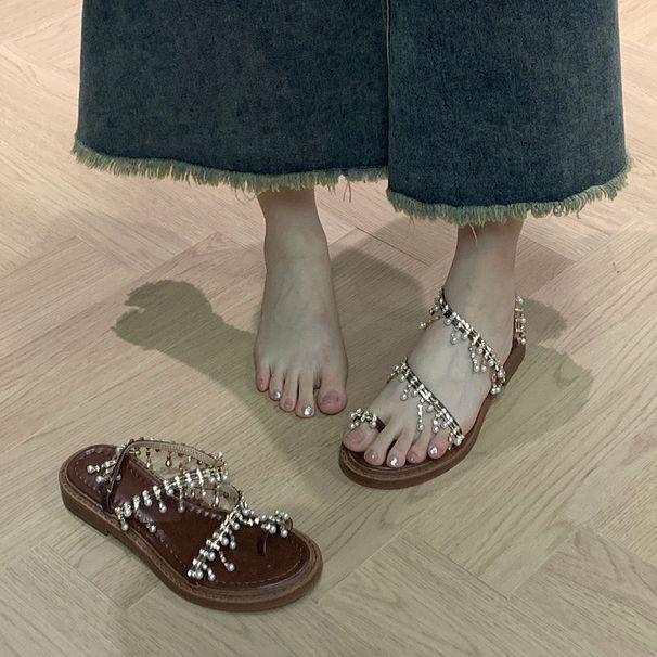 Bohemian Golden Diamond Fairy Wind Cool Summer New Lightweight One line Travel Beach Pinch Toe Roman Shoes_desvips.com