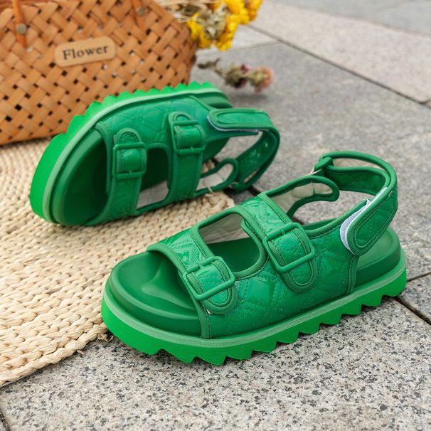 Plum-size Velcro platform sandals women's solid color sports style flat beach sandals_desvips.com