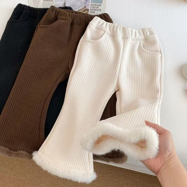 Girls' Autumn/Winter 2024 New Fashionable Bell-Bottom Young Girls, Stylish Winter White Fleece-Lined Pants For Girls_desvips.com