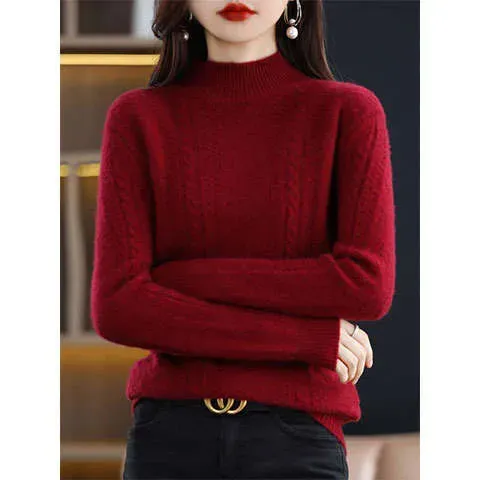 Autumn Winter New Warm Cashmere Half Turtleneck Knitted Base Pullover Cable Knit Top Versatile Sweater For Women_desvips.com