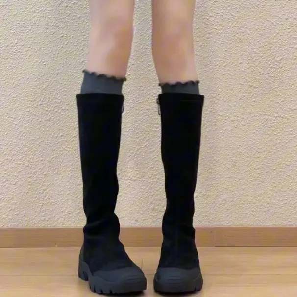 Designer 5cm Super Round Toe Side Zipper Long 2025 Autumn Winter Niche Sports Thick Sole Stretch Slim Boots Women_desvips.com
