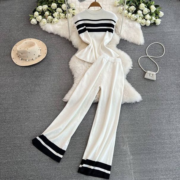 Women's Clothing sleeveless slim fit knitted top two piece suit casual high waist slim straight wide leg pants_desvips.com