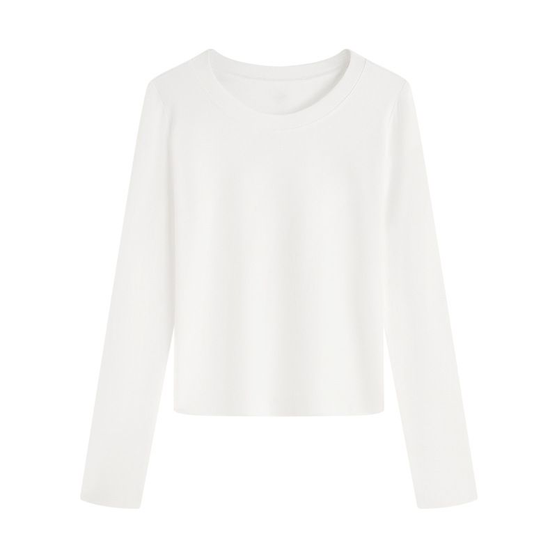 Straight Shoulder Crew Neck Slim Long-sleeved T-shirt Women's 2025 Autumn New Pinched Waist Short Slimming Women's Top Base Shirt_desvips.com