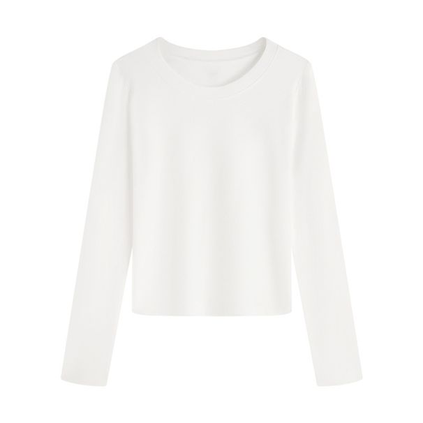 Straight Shoulder Crew Neck Slim Long-sleeved T-shirt Women's 2025 Autumn New Pinched Waist Short Slimming Women's Top Base Shirt_desvips.com
