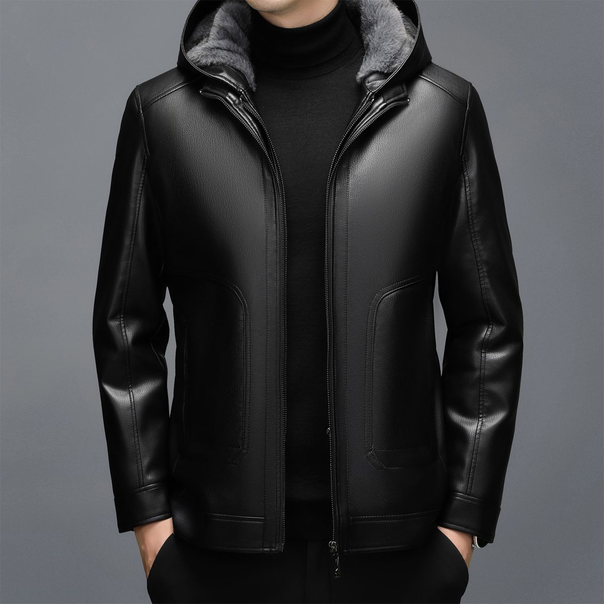 2025 Haining Genuine Men's Short Hooded Jacket Casual Leather And Fur Integrated Thickened Coat Winter_desvips.com