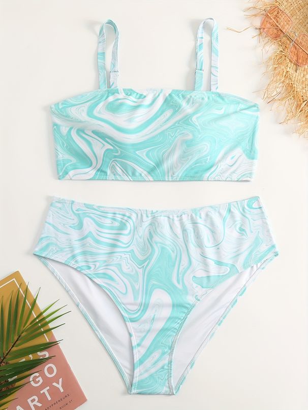 Plus Size High Waist Bikini Set - Floral Print & Polka Dot Swimsuit For Women Tummy Control Two-Piece Swimwear With Adjustable Ties_desvips.com