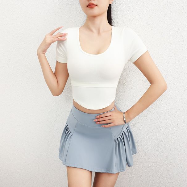2025 New Women's Yoga Top With Chest Pads, Trendy Sports Short Sleeve Tight Pilates Training Fitness T-Shirt_desvips.com