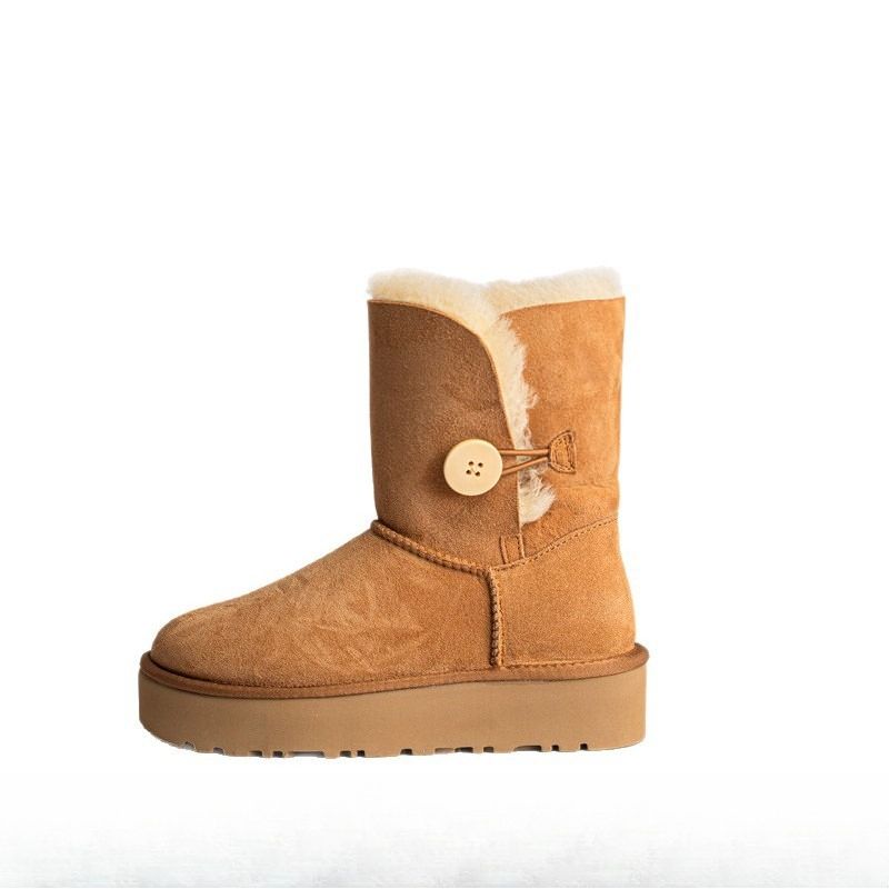 Women's 2025 Winter Platform Snow Boots - Genuine Sheepskin Mid-Calf Boots With Wooden Buttons, Fur-Lined Slip-Resistant Warm Casual Shoes_desvips.com